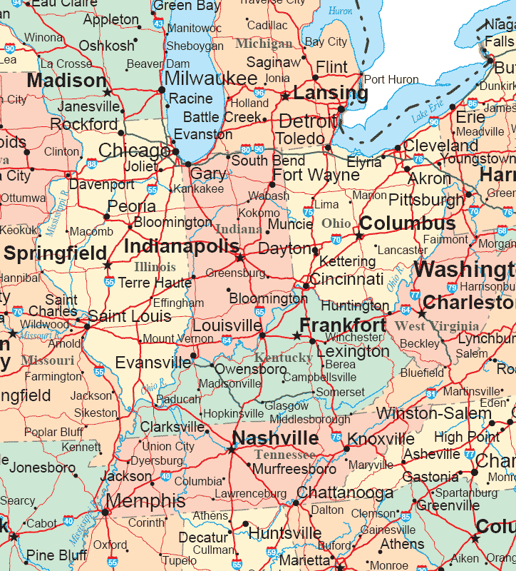 Indiana Kentucky Map With Cities Midwestern States Road Map