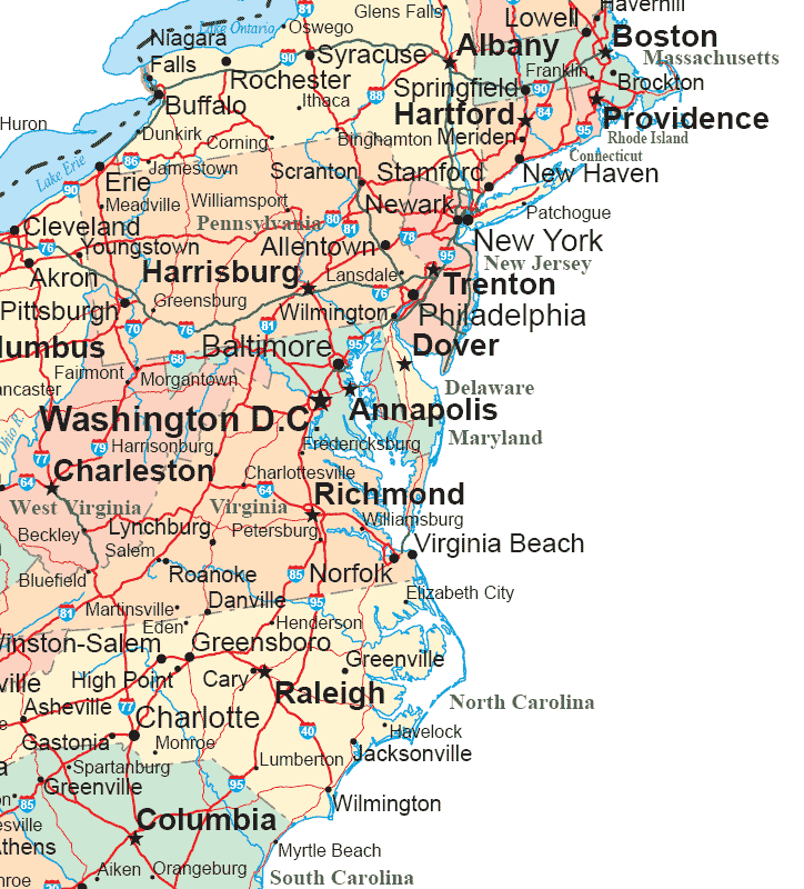 Road Map Of Virginia North Carolina And South Carolina Middle Atlantic States Road Map